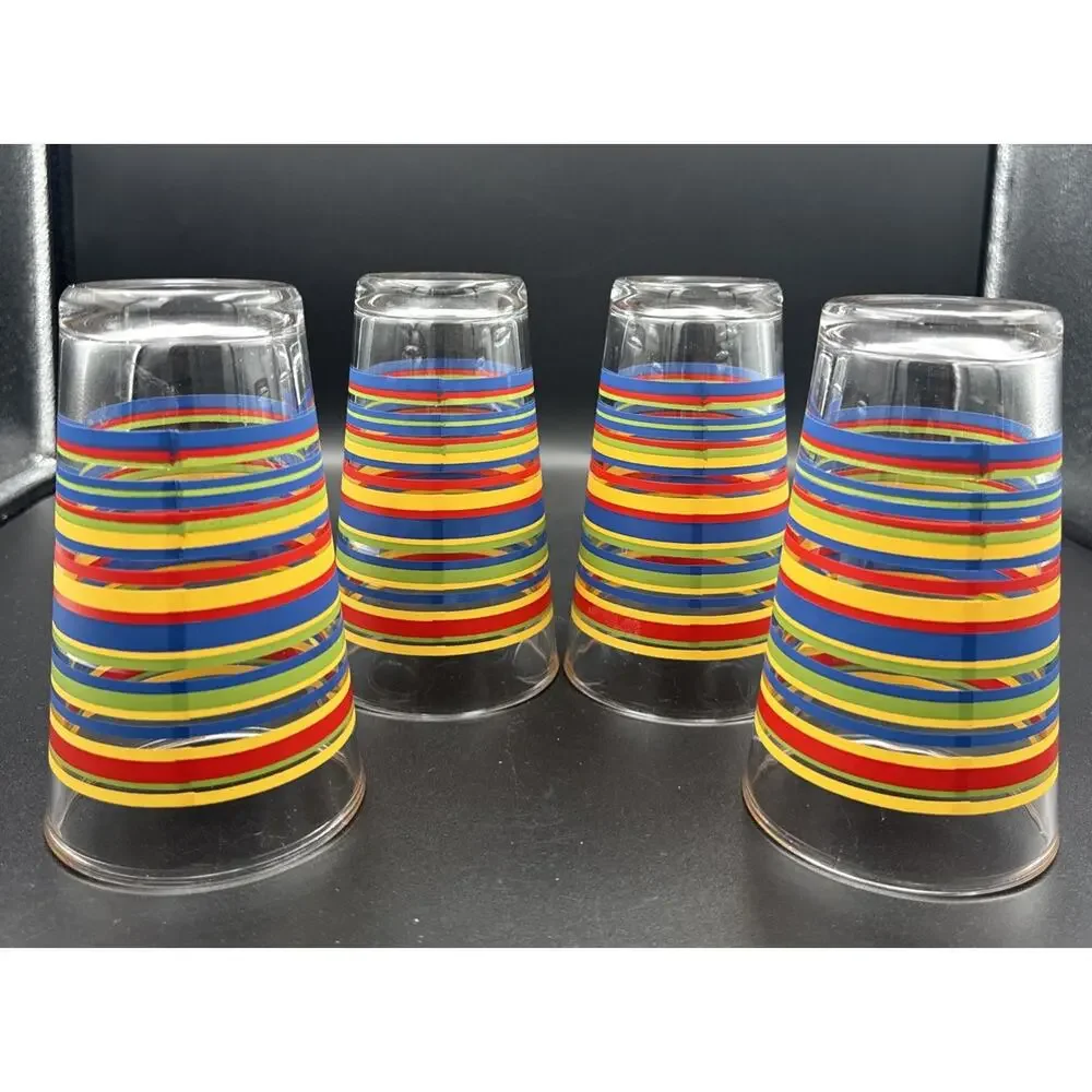 Vintage Libbey Glasses 1970s Fiesta Mambo 16oz Tumblers Rainbow Stripe Set of 4